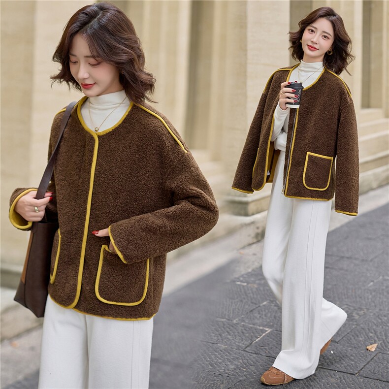 撞色包边圆领羊羔毛外套女2025冬季加厚保暖宽松皮毛一体棉服上衣，女装羊羔毛/颗粒绒，魅影