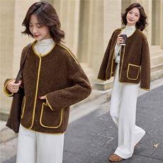 撞色包边圆领羊羔毛外套女2025冬季加厚保暖宽松皮毛一体棉服上衣，女装羊羔毛/颗粒绒，魅影