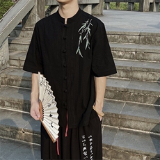 现货等男生新中式大码立领盘扣竹叶刺绣中袖衬衫MT2308-P65，男装衬衫，电商A021