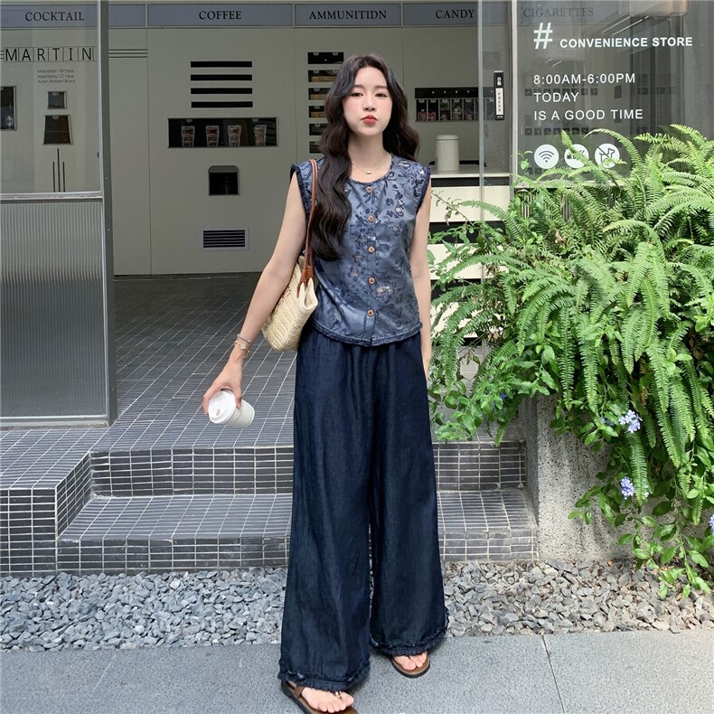 复古印花马甲阔腿裤两件套女2025年夏季新款老钱风巨好看穿搭套装,女装套装/套裙,2C129