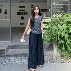 复古印花马甲阔腿裤两件套女2025年夏季新款老钱风巨好看穿搭套装，女装套装/套裙，2C129
