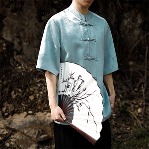 新款现货~风夏季新中式五分袖衬衫短袖T恤男T2802-p65图片