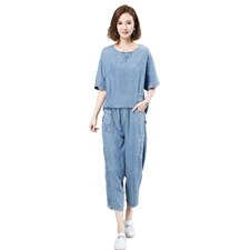 2021夏季新款简约时尚个性气质圆领拼接水洗牛仔套装，女装套装/套裙，叶笙衣