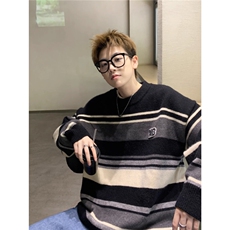 毛衣男日系复古条纹撞色针织衫慵懒风宽松潮牌线衣MY25-P50，男装针织衫/毛衣，星座208-5