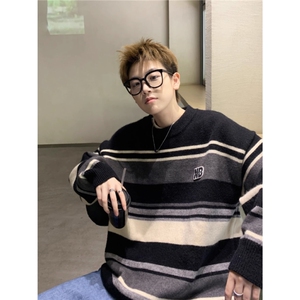 毛衣男日系复古条纹撞色针织衫慵懒风宽松潮牌线衣MY25-P50图片