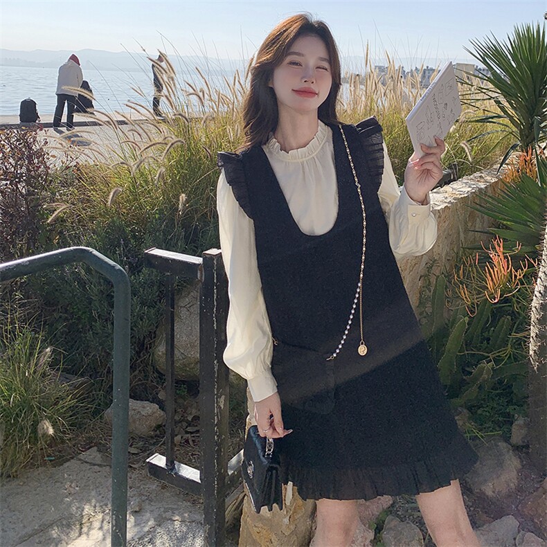 粗花呢木耳边法式气质女2025宽松春秋现货两件套感背心裙长袖图片