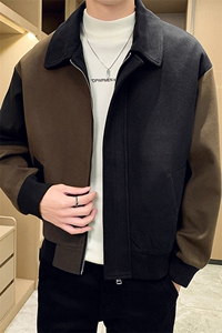 男新款呢子大衣秋冬妮子毛呢拼色宽松夹克外套A236-JK-3058-P135图片