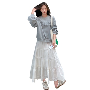 休闲减龄穿搭灰色卫衣套装女春秋2025超火好看高级感半身裙两件套图片