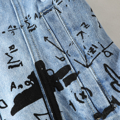 JK823-p90-限价128 现货白底牛仔夹克肥仔量足破洞印花大码图片