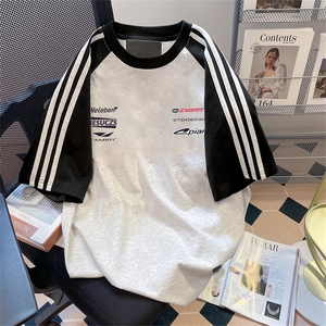 夏季美式高街重磅纯棉三条杠织带插肩撞色男女短袖T恤CZ100-特P25图片