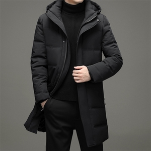 冬季新款男士中长款连帽羽绒服上衣中年休闲厚款保暖白鸭绒外套图片
