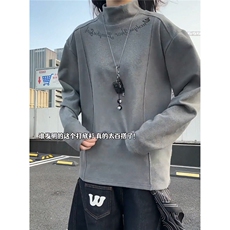 双面德绒打底衫男冬季内搭半高领加厚卫衣拼接印花长袖t恤，男装T恤，星座715-4