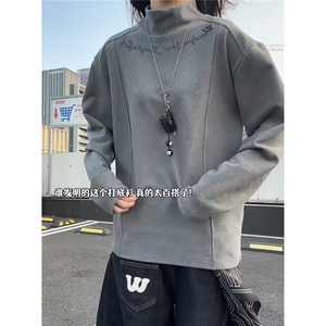 双面德绒打底衫男冬季内搭半高领加厚卫衣拼接印花长袖t恤图片