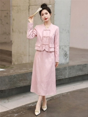 现货春装新款简约时尚休闲减龄通列新中式两件套套裙，女装套装/套裙，韩美纤衣