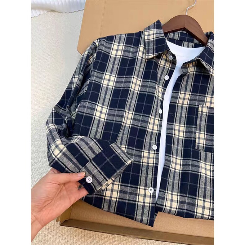 格子衬衫男女新款春秋新款日系痞帅高级感长袖衬衣休闲L25055-P33,男装衬衫,星座1008