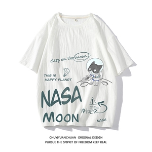 NASA联名同款亚麻短袖t恤五分袖男宽松七分袖 白底YT26187-P30图片