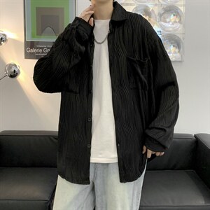褶皱长袖衬衫男夏季设计感小众港风冰丝外套潮宽松衬衣 W3791-P40图片