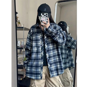 潮撞色格子衬衫男女款春秋季2025新款宽松休闲长袖百搭衬衣复古图片