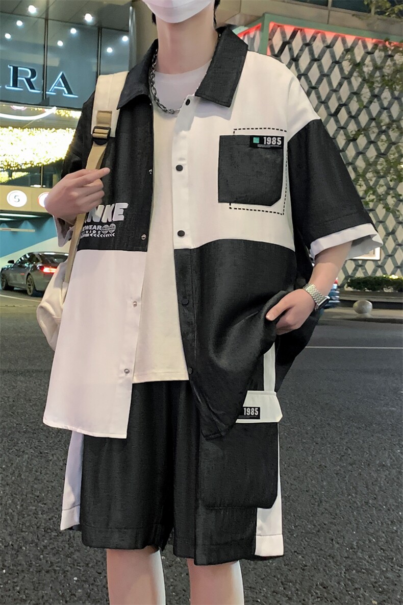 港风夏潮流印花拼接开衫宽松短袖衬衣短裤帅气套装A436-D217-P60,男装休闲套装,电商A436