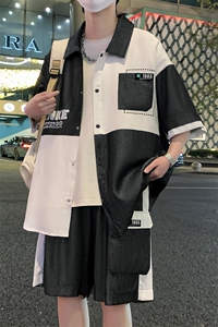 港风夏潮流印花拼接开衫宽松短袖衬衣短裤帅气套装 A436-D217-P60图片