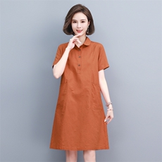 棉麻连衣裙女夏季2024新款中年妈妈宽松遮肚显瘦小个子亚麻衬衫裙，商品下架区，韩派