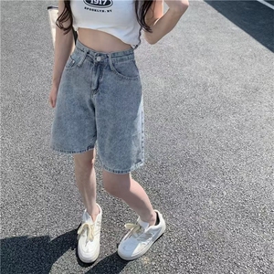 复古牛仔裤女2025夏高腰宽松遮肉直筒阔腿五分中裤子潮图片
