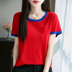 拼色圆领精纺桑蚕丝羊毛针织短袖T恤女夏季新款宽松半袖上衣打底图片
