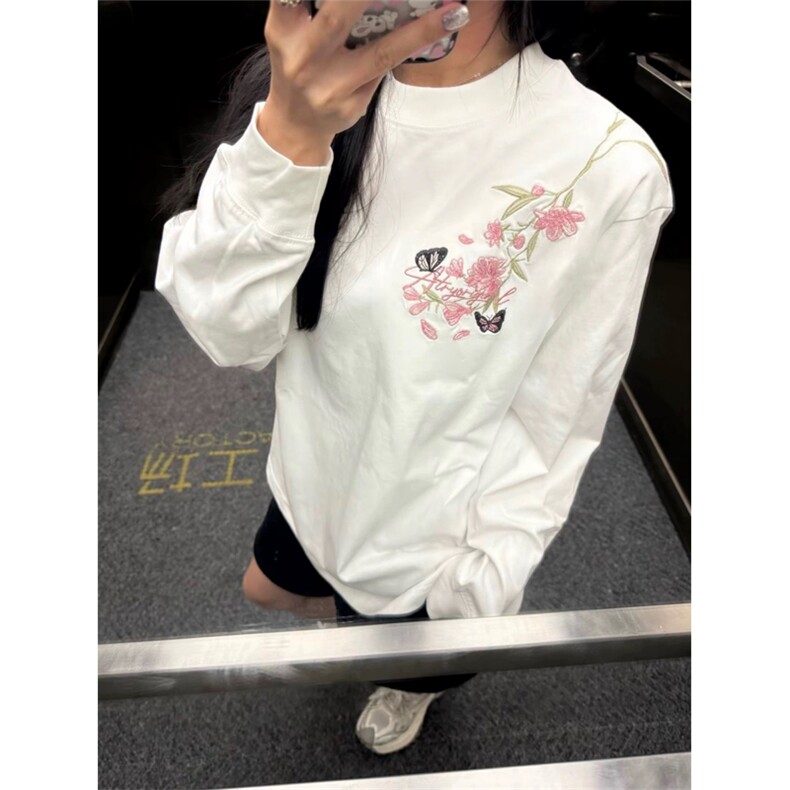 网图有货美式花卉刺绣长袖男女宽松纯棉情侣打底上衣A946-P40，男装T恤，星座1505