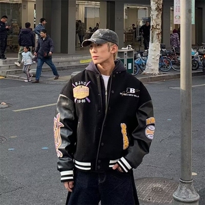 B1024-P78 美式皮袖刺绣棒球服夹克百搭简约ins气质慵懒流行新款图片