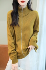 纯棉线拉链开衫立领外套女秋季宽松休闲针织开襟毛衣全棉上衣，女装针织衫/毛衣，品高羊绒