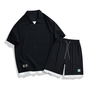 套装夏季潮牌痞帅宽松拼接短袖衬衫短裤休闲两件套A436-T09-P65