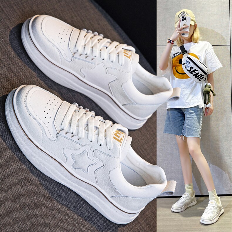 厚底小白鞋女2023新款秋季透气运动女鞋百搭真皮休闲星星板鞋女鞋,女鞋休闲鞋,电商A223