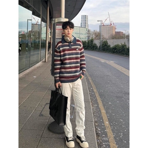 宽松polo领条纹毛衣男女秋冬老钱风新款翻领上衣潮流MY9823图片