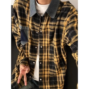 25春美式复古长袖格子衬衫情侣拼接牛仔领黄色格纹外套CSS04P45特图片