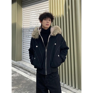 现货重磅boxy短款棉衣座山雕大毛毛领男女棉服水洗工装厚外套图片