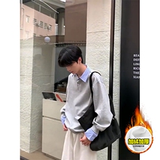 重磅加绒硬挺boxy男女美式高街假两件衬衫领长袖卫衣POLO领打底衫，男装T恤，电商A486-1