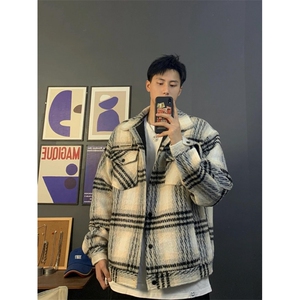 【有货】U91CC-特P70 格纹毛呢外套男编织粗纺加厚工装夹克图片