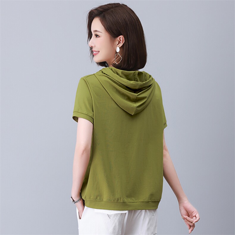 夏装新款韩版大码字母印花连帽套头时髦休闲t恤女短袖，女装T恤，涵誉