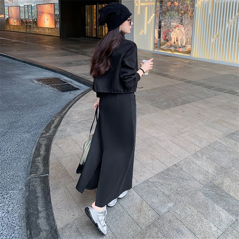 女秋季收腰立领开衫卫衣开叉半身裙两件套,女装套装/套裙,江南