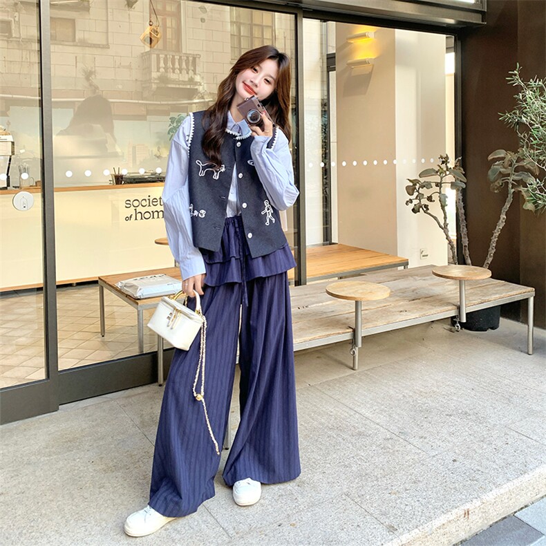 深蓝色马甲衬衫阔腿裤三件套女2025年秋季新款时尚直筒高腰一整套,女装套装/套裙,2C052