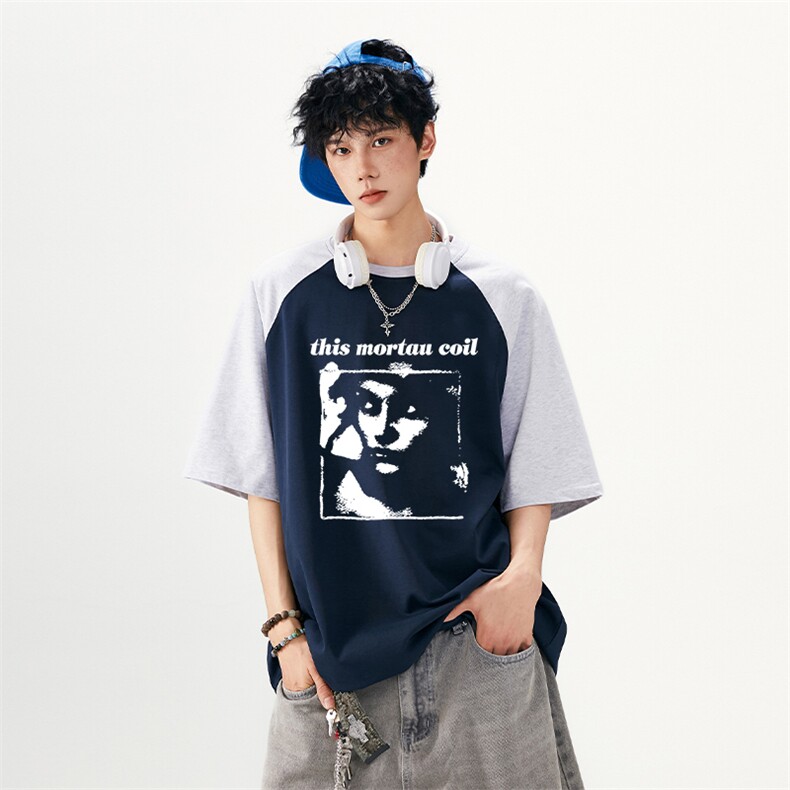 抖音得物高品质二开240克宽松纯棉美式潮牌插肩袖拼接短袖T恤,男装T恤,电商A486