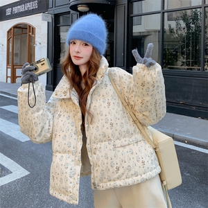 米白色碎花羽绒服女冬超火好看高级小众独特漂亮加厚面包服短外套图片