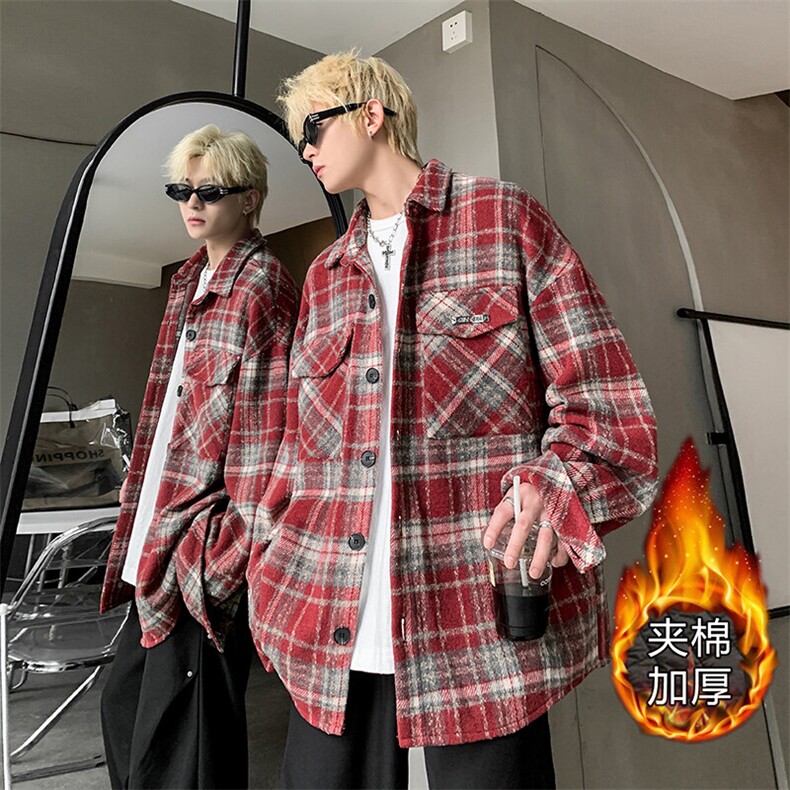 现货~贴布绣格子衬衣宽松复古外套潮XZ609-WT2351加棉-P80-控128,男装衬衫,星座609