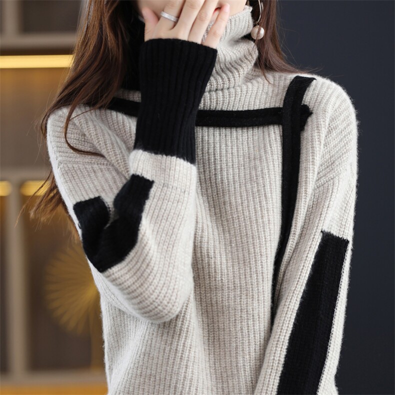 堆堆高领拼色加厚100%纯羊绒衫女宽松显瘦慵懒时尚毛针织打底上衣，女装羊毛衫，忠诺羊绒