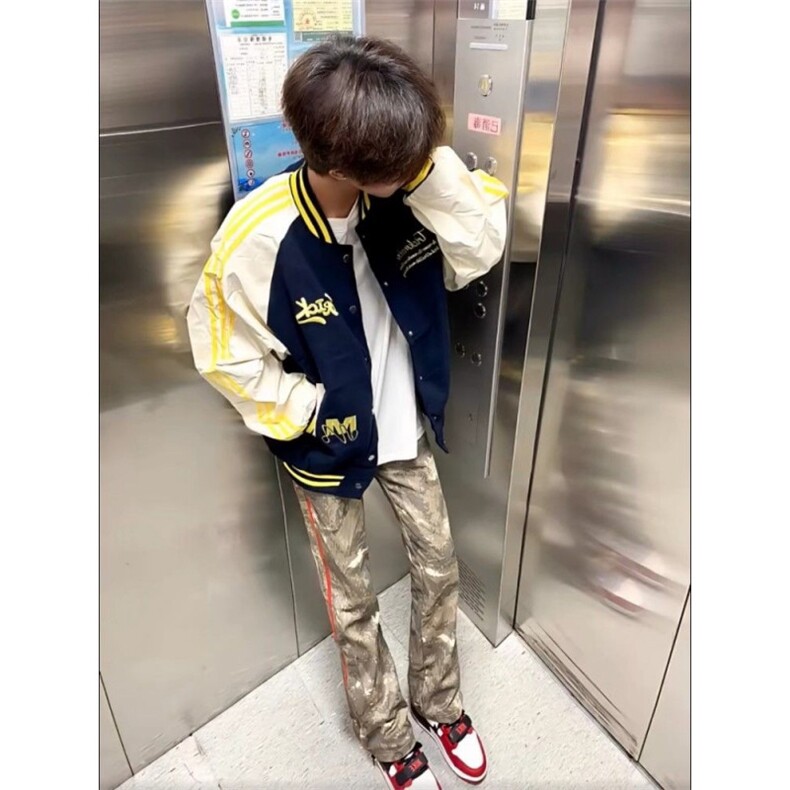 美式复古条纹刺绣棒球服男网红新款潮宽松撞色拼接外套飞行夹克,男装夹克,星座410-6（原星座1304-1）
