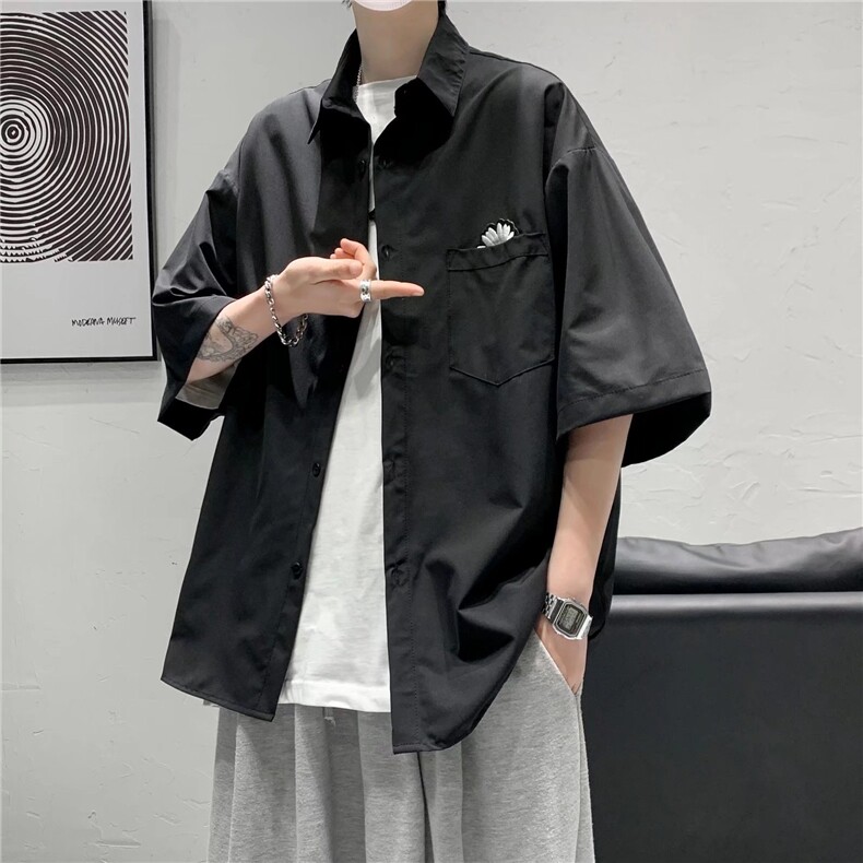 短袖衬衫男宽松上衣服港风韩版潮流五分袖衬衣外套痞帅CS128-p28图片