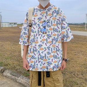 夏季新款印花短袖T恤男宽松镂空嘻哈潮流半袖