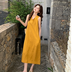 黄色简单大方的连衣裙女夏季2025新款宽松休闲松弛感无袖背心裙子，女装连衣裙，浙宝276（原081）