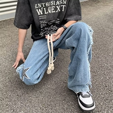 美式vibe高街星星刺绣毛边牛仔裤男女宽松直筒阔腿长裤K9938-p55，男装牛仔裤，星座1008