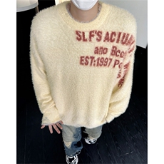 美式潮牌仿貂刷毛软糯秋冬毛衣男复古创意提花字母宽松情侣针织衫，男装针织衫/毛衣，星座505-2（原电商A260-1)